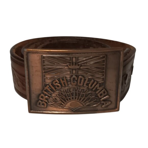 Mens Tooled Full Grain Leather Belt British Columbia Copper Buckle Size 38 - Picture 1 of 14